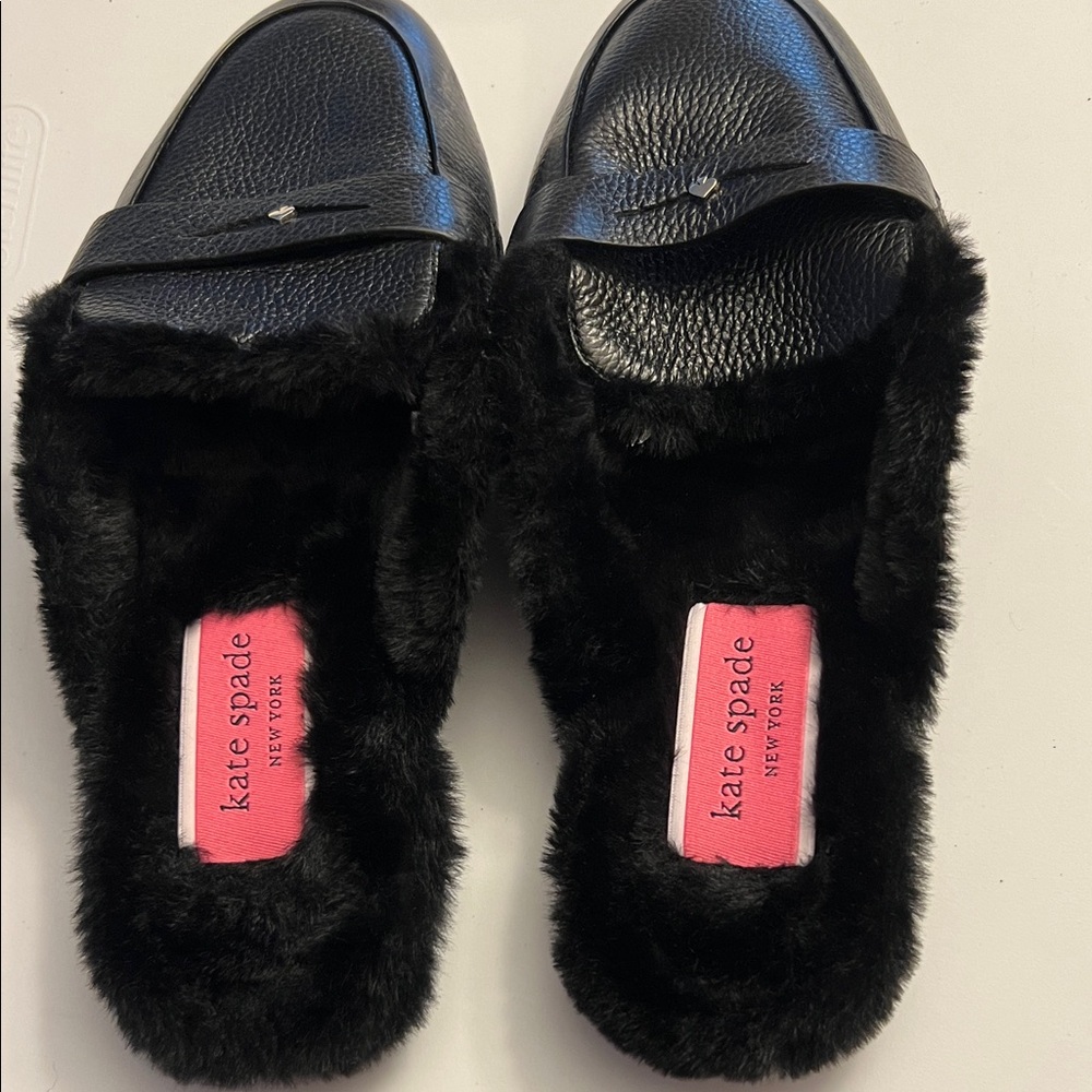 New Kate Spade Black Fur-Trimmed Flats size 7.5